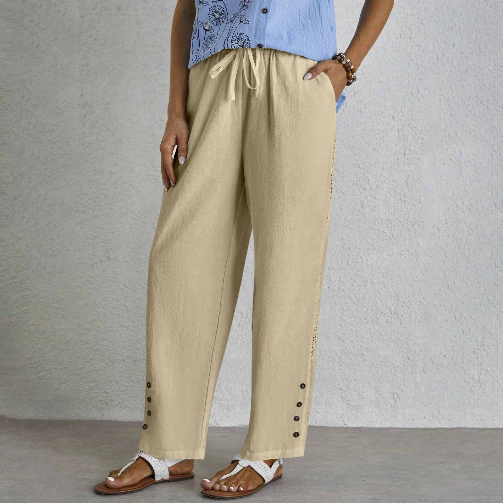 Women Plain Long Elastic Waist Pants Casual Spring/Fall Trousers
