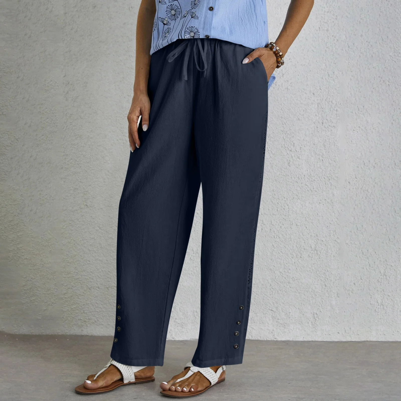 Women Plain Long Elastic Waist Pants Casual Spring/Fall Trousers