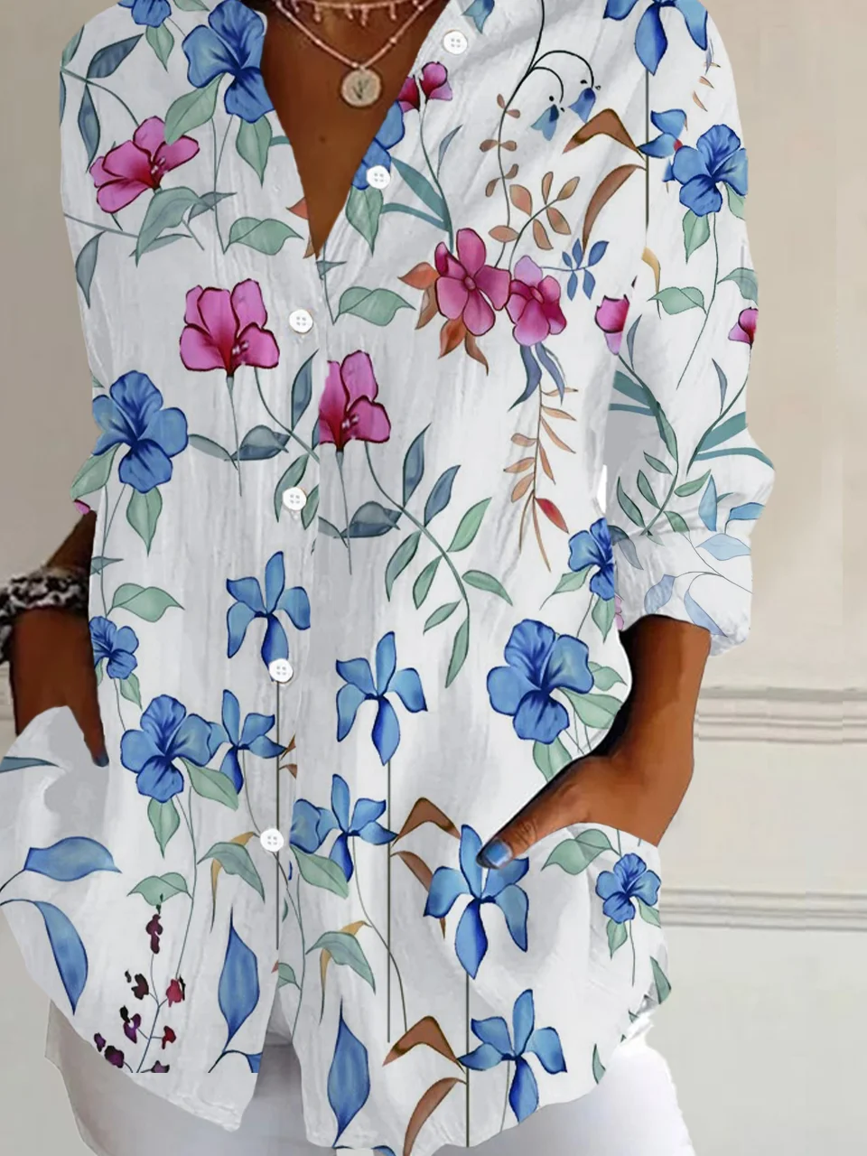 Women Floral Long Sleeve Shirt Spring/Fall Buckle Shirt Collar Daily Casual Top