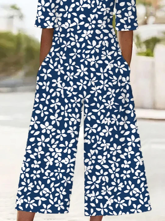 Women Floral V Neck Half Sleeve Casual Summer Jumpsuit