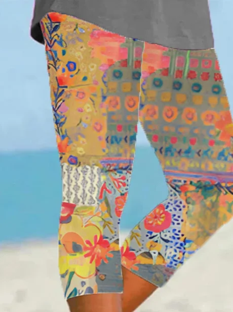 Women Floral Capris Elastic Waist Pants Casual Summer Trousers