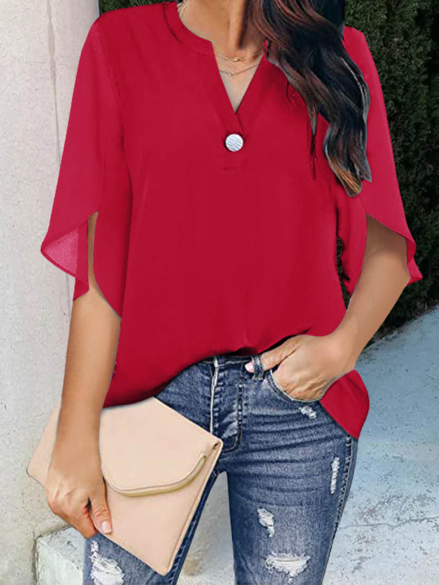 Women Plain Half Sleeve Shirt Summer Split Joint V Neck Daily Casual Top