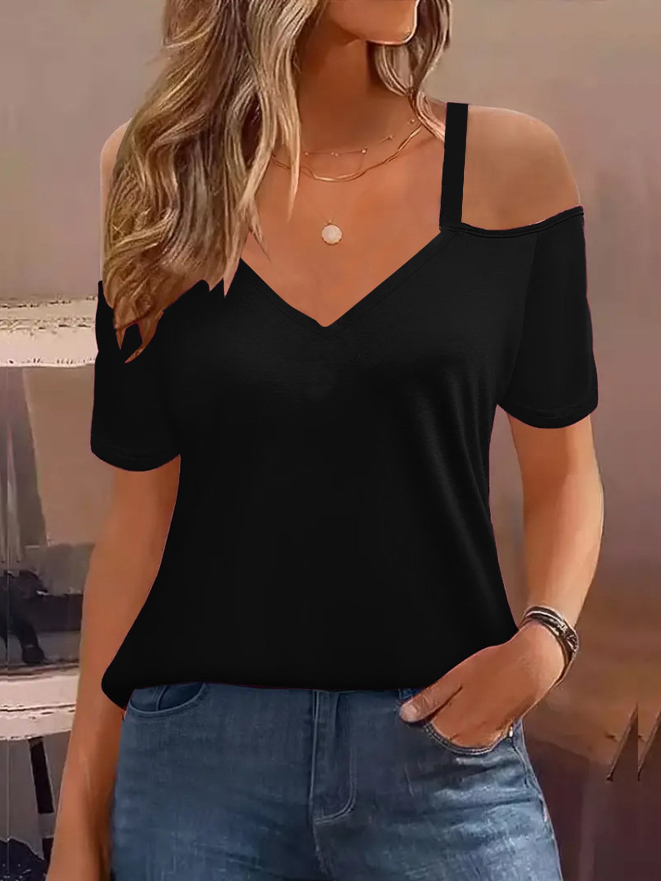 Women Plain Short Sleeve Tee T-shirt V Neck Split Joint Casual Summer Top