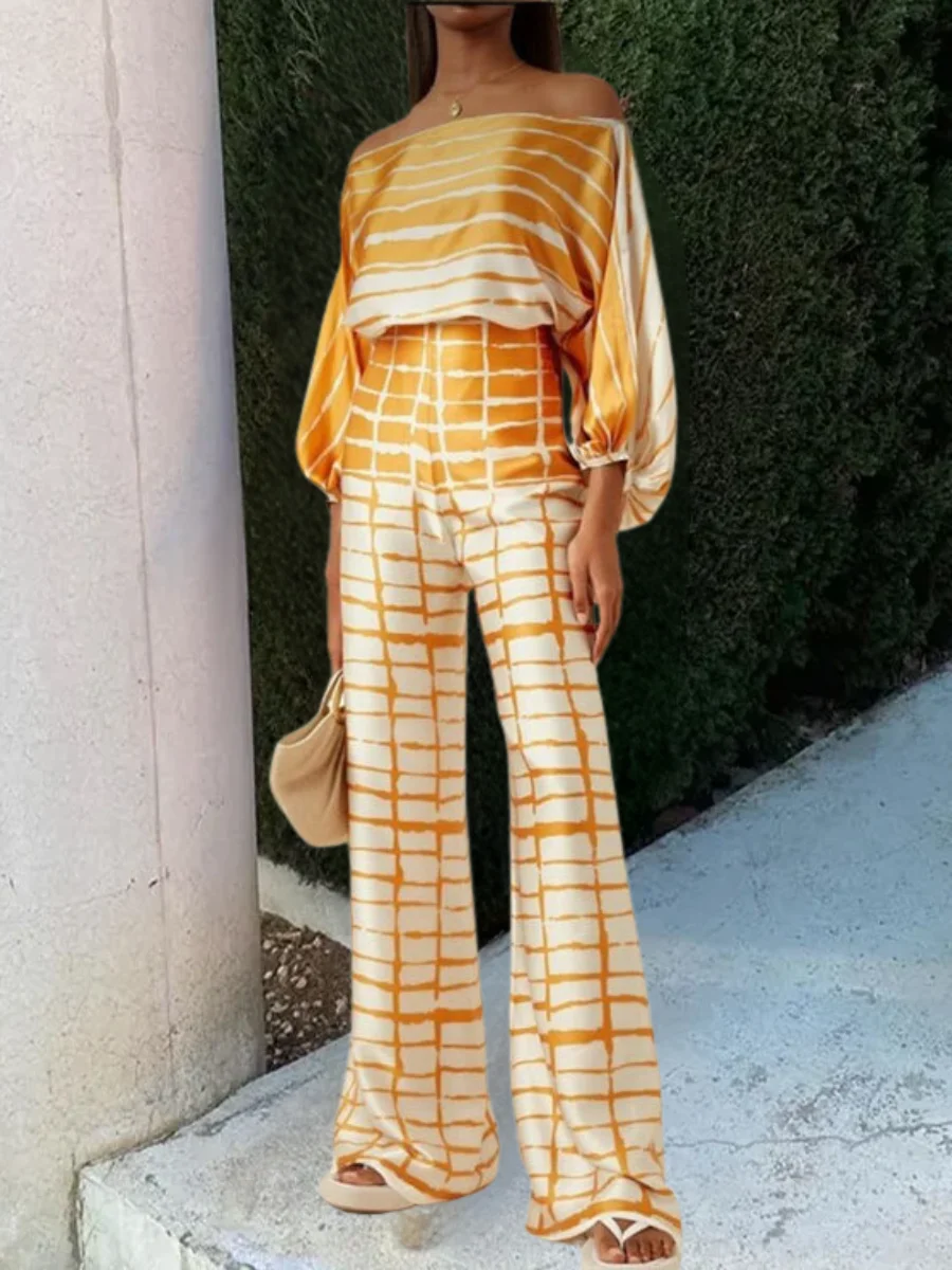 Women Striped Printing Dolman Sleeve Two-Piece Set Daily Half Sleeve Casual Summer Top With Pants Matching Set