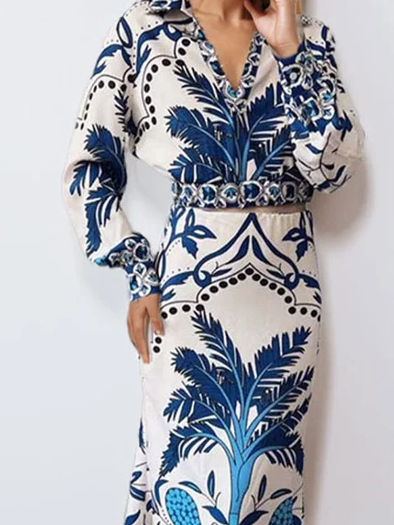 Women Geometric Printing Two-Piece Set Daily Long Sleeve Casual Spring/Fall Top With Skirt Matching Set