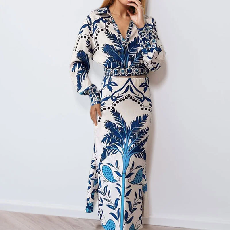 Women Geometric Printing Two-Piece Set Daily Long Sleeve Casual Spring/Fall Top With Skirt Matching Set