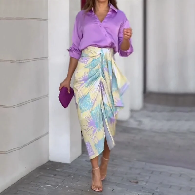 Women Geometric Printing Two-Piece Set Daily Three Quarter Sleeve Casual Spring/Fall Top With Skirt Matching Set