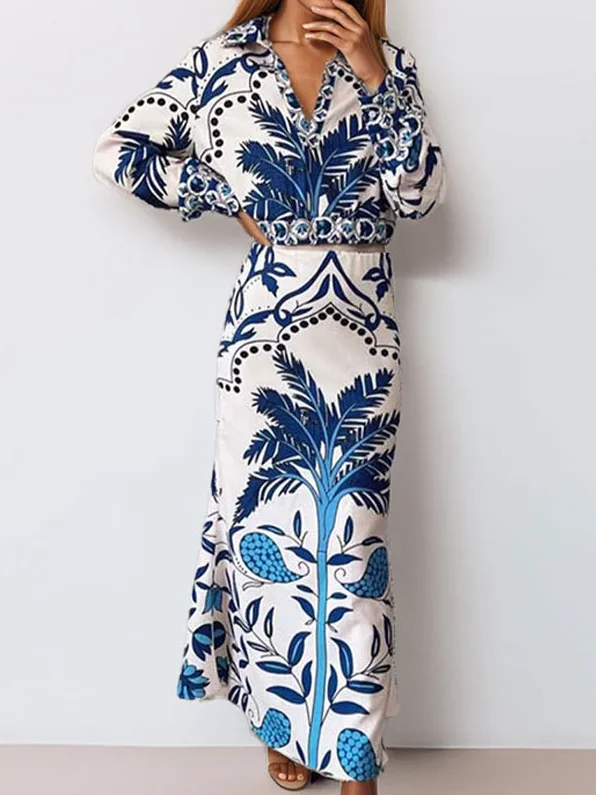 Women Geometric Printing Two-Piece Set Daily Long Sleeve Casual Spring/Fall Top With Skirt Matching Set