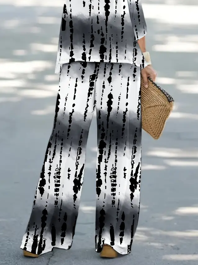 Women Abstract Printing Two-Piece Set Daily Long Sleeve Casual Spring/Fall Top With Pants Matching Set