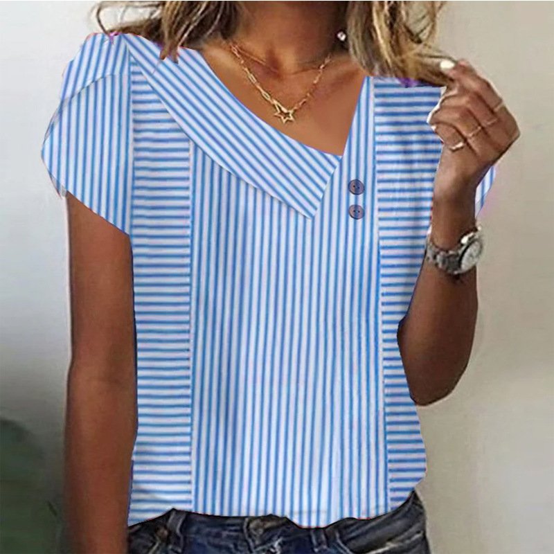 Women Striped Short Sleeve Tee T-shirt Asymmetrical Buckle Casual Summer Top