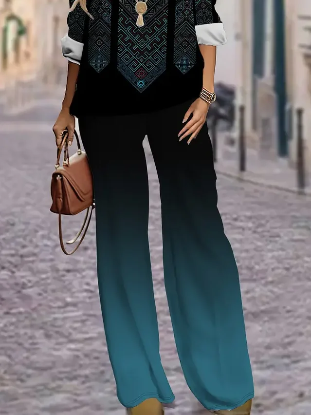 Women Geometric Printing Two-Piece Set Daily Long Sleeve Casual Spring/Fall Top With Pants Matching Set