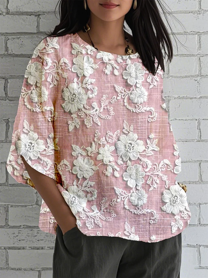 Women's 3D Floral Print Half Sleeve Casual Blouse