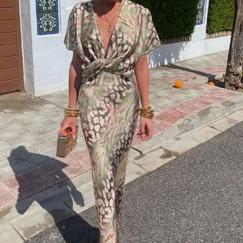 Women Color Block Short Sleeve Summer Printing Dress V Neck Daily Casual Maxi Hip Skirt A-Line Dress