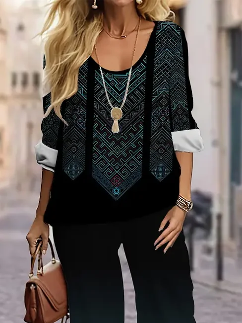 Women Geometric Printing Two-Piece Set Daily Long Sleeve Casual Spring/Fall Top With Pants Matching Set