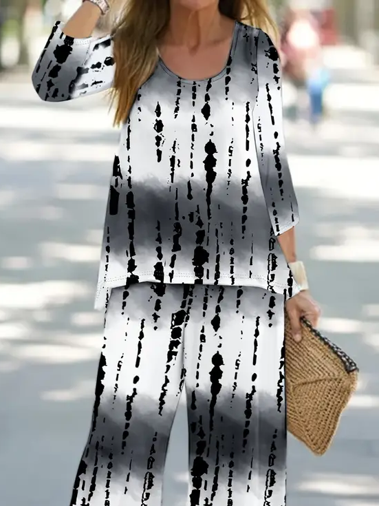 Women Abstract Printing Two-Piece Set Daily Long Sleeve Casual Spring/Fall Top With Pants Matching Set