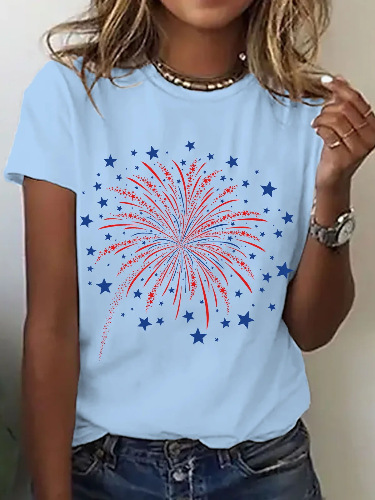 Women Flag Short Sleeve Tee T-shirt Crew Neck Casual Summer Top