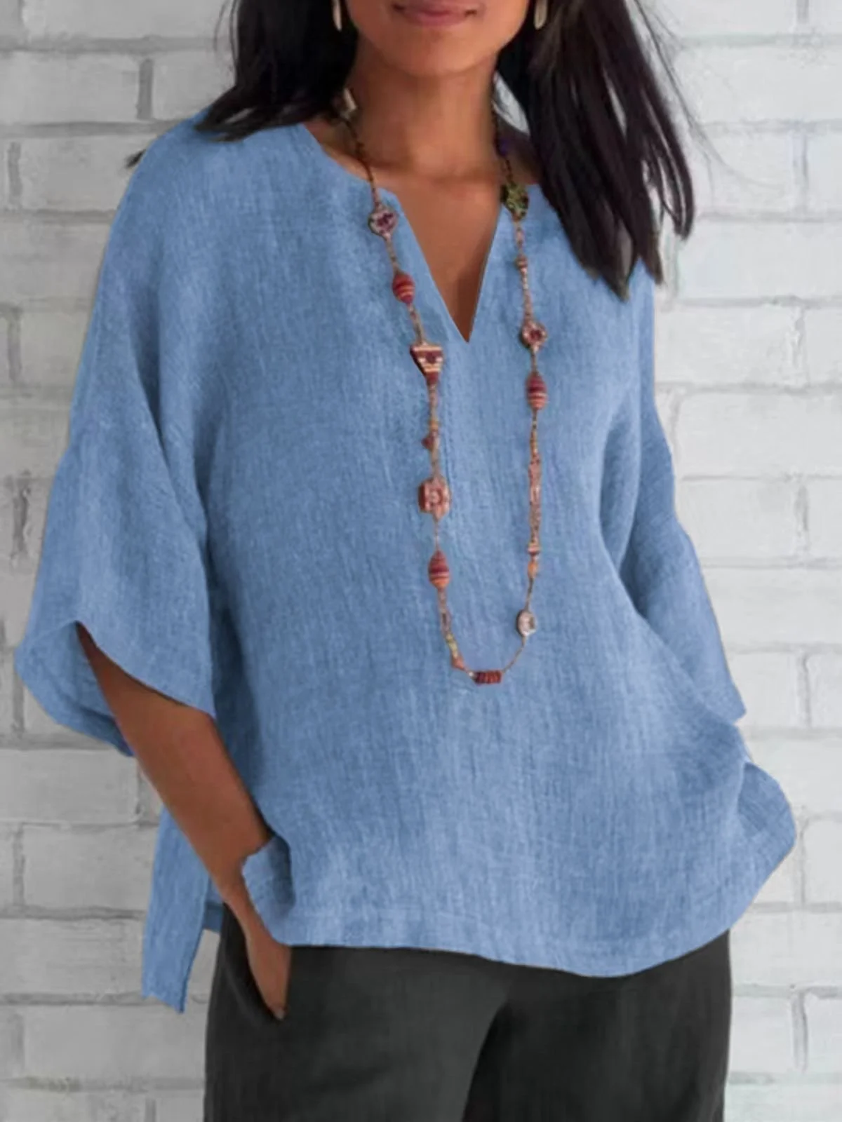 Women Plain Half Sleeve Blouse Summer V Neck Daily Casual Top