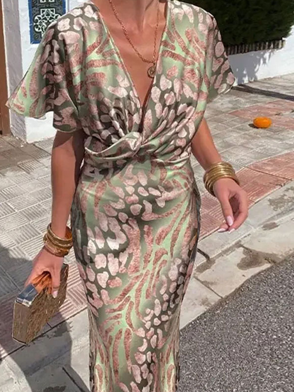 Women Color Block Short Sleeve Summer Printing Dress V Neck Daily Casual Maxi Hip Skirt A-Line Dress