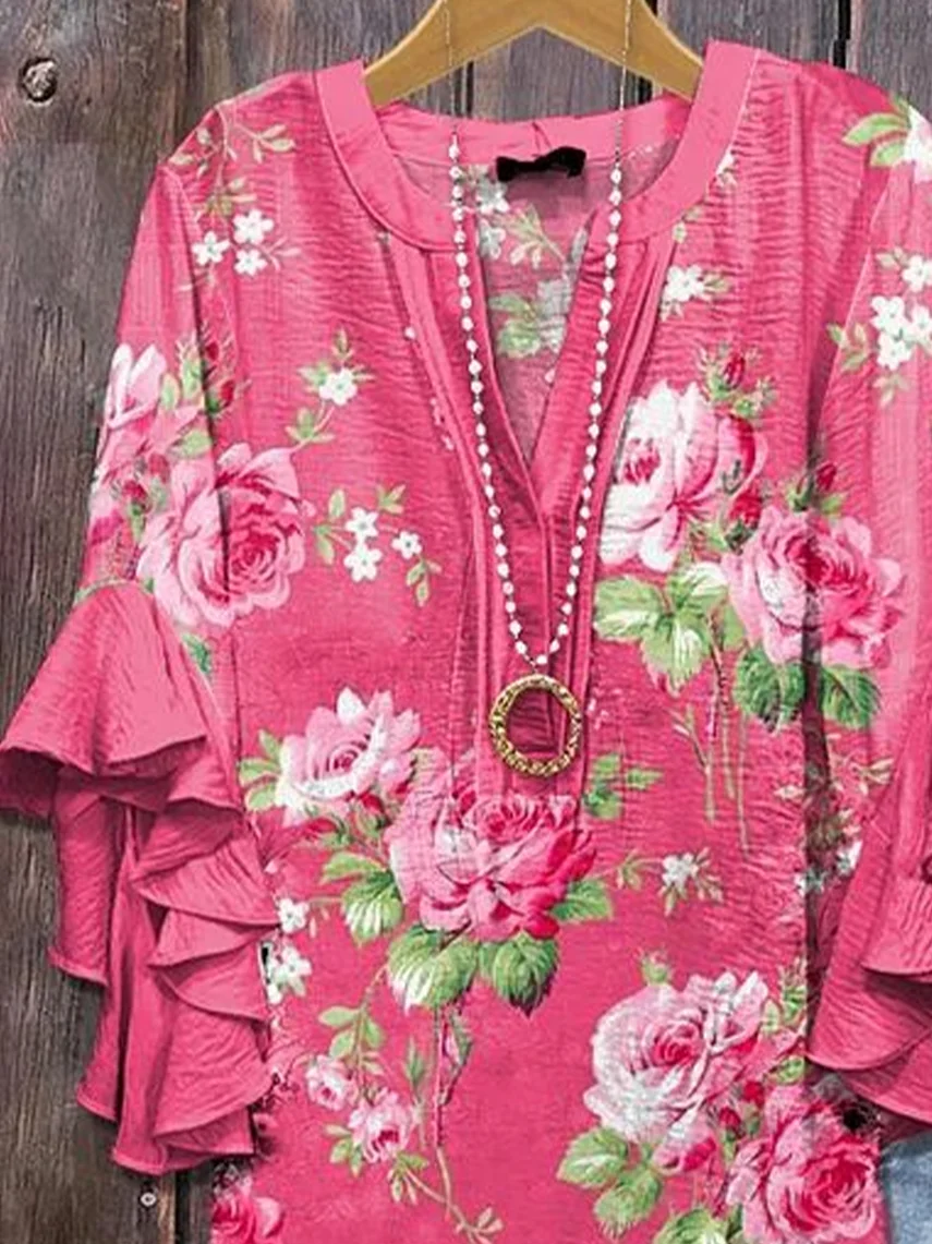Women Floral Half Sleeve Shirt Summer Printing V Neck Daily Casual Top