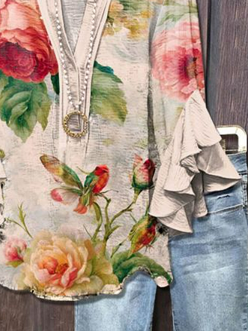 Women Floral Half Sleeve Shirt Summer Printing V Neck Daily Casual Top