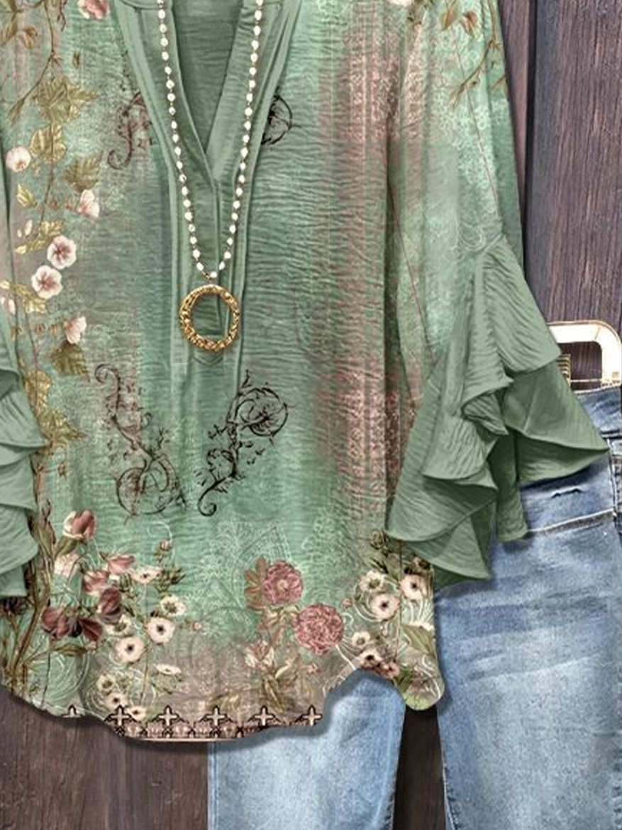 Women Floral Half Sleeve Shirt Summer Printing V Neck Daily Casual Top