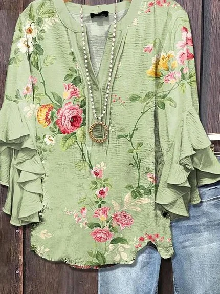 Women Floral Half Sleeve Shirt Summer Printing V Neck Daily Casual Top