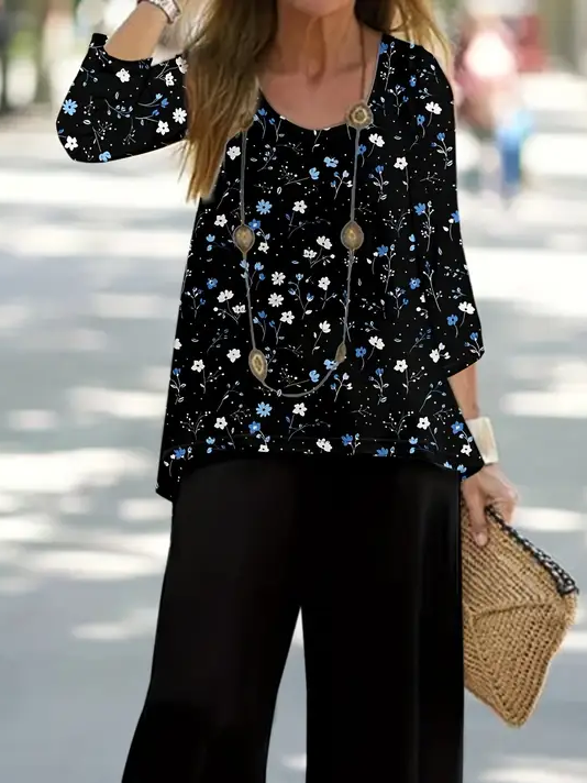 Women Floral Printing Two-Piece Set Daily Long Sleeve Casual Spring/Fall Top With Pants Matching Set