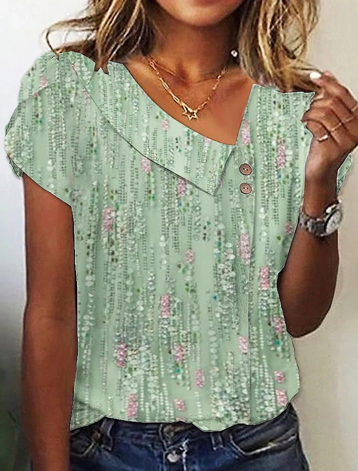Women Striped Short Sleeve Tee T-shirt Asymmetrical Buckle Casual Summer Top