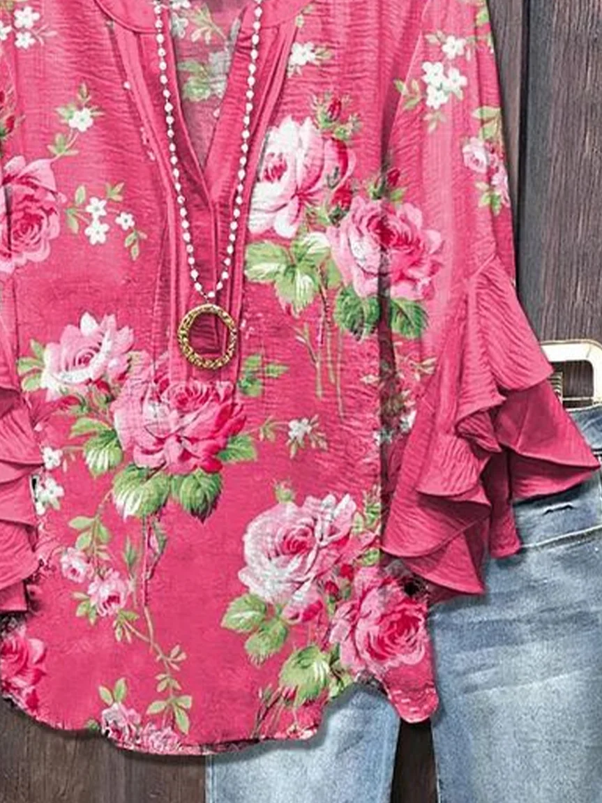 Women Floral Half Sleeve Shirt Summer Printing V Neck Daily Casual Top