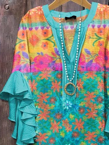 Women Floral Half Sleeve Shirt Summer Printing V Neck Daily Casual Top
