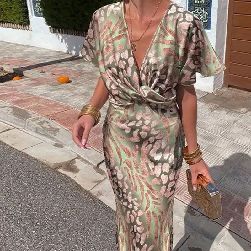 Women Color Block Short Sleeve Summer Printing Dress V Neck Daily Casual Maxi Hip Skirt A-Line Dress
