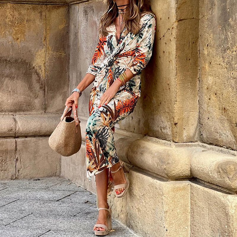 Women Geometric Three Quarter Sleeve Spring/Fall Printing Dress V Neck Daily Vintage Maxi Hip Skirt A-Line Dress
