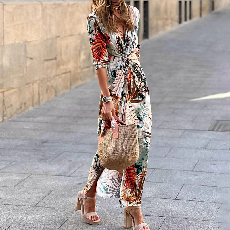 Women Geometric Three Quarter Sleeve Spring/Fall Printing Dress V Neck Daily Vintage Maxi Hip Skirt A-Line Dress
