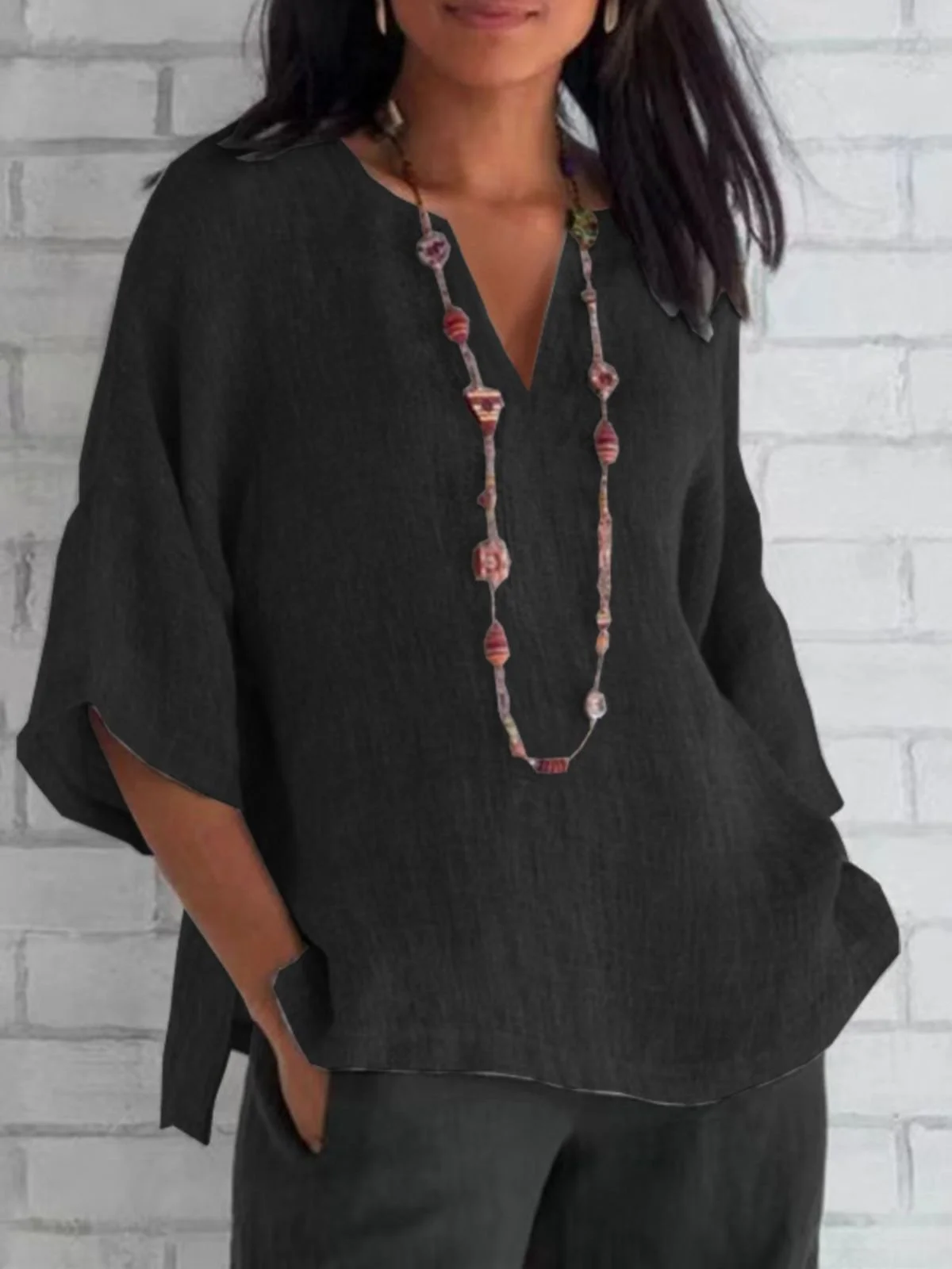 Women Plain Half Sleeve Blouse Summer V Neck Daily Casual Top