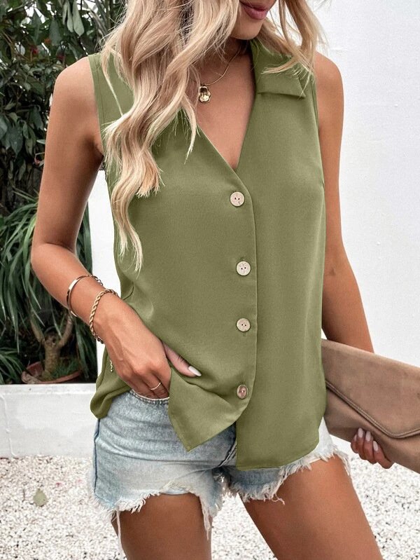 Women Sleeveless Tank Top Camisole Summer Plain Buckle Stand Collar Daily Casual Top