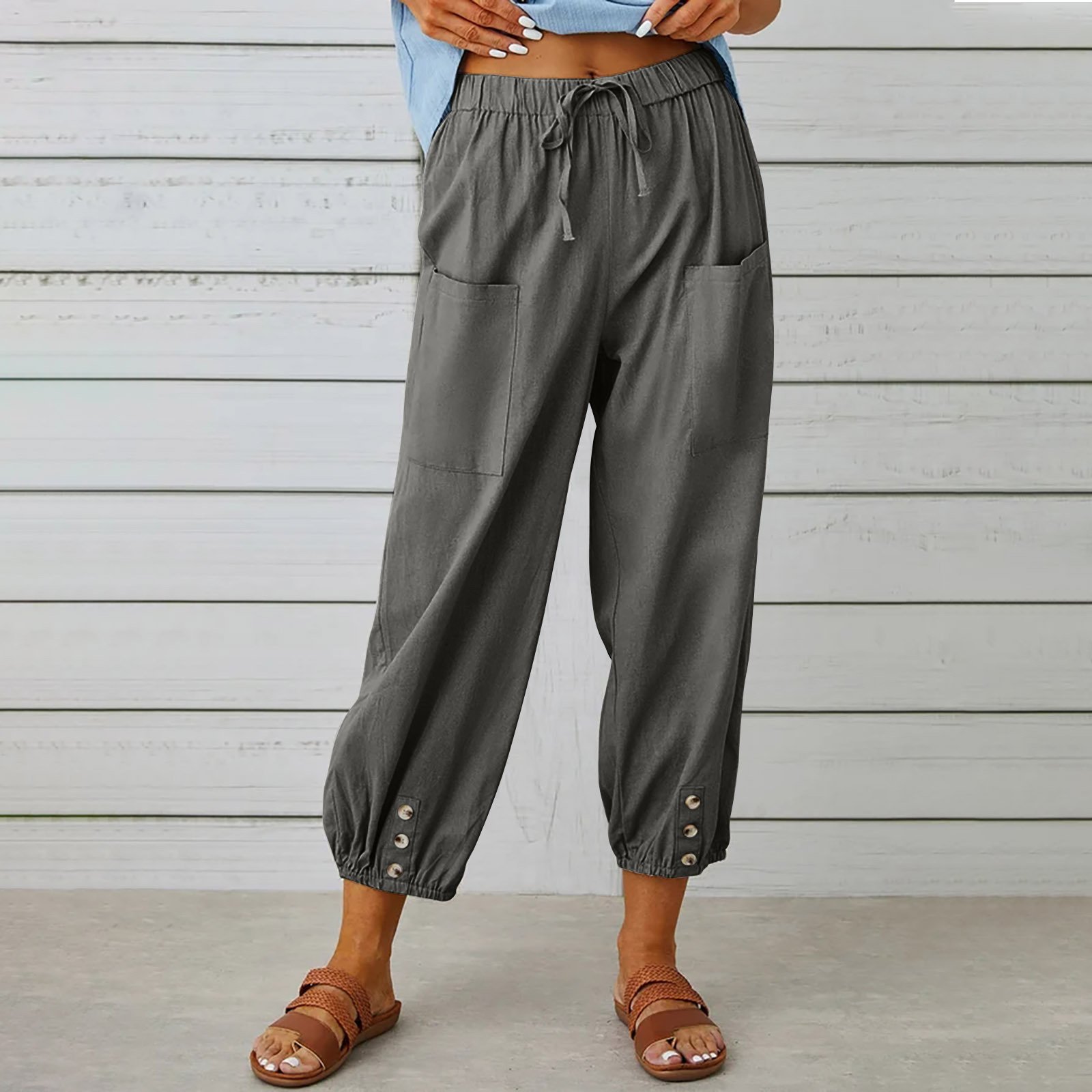 Women Plain Ankle Pants Elastic Waist Pants Casual Spring/Fall Trousers