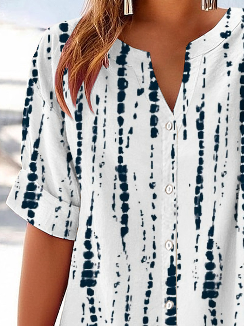 Women Abstract Stripes Short Sleeve Shirt Summer Printing V Neck Daily Casual Top