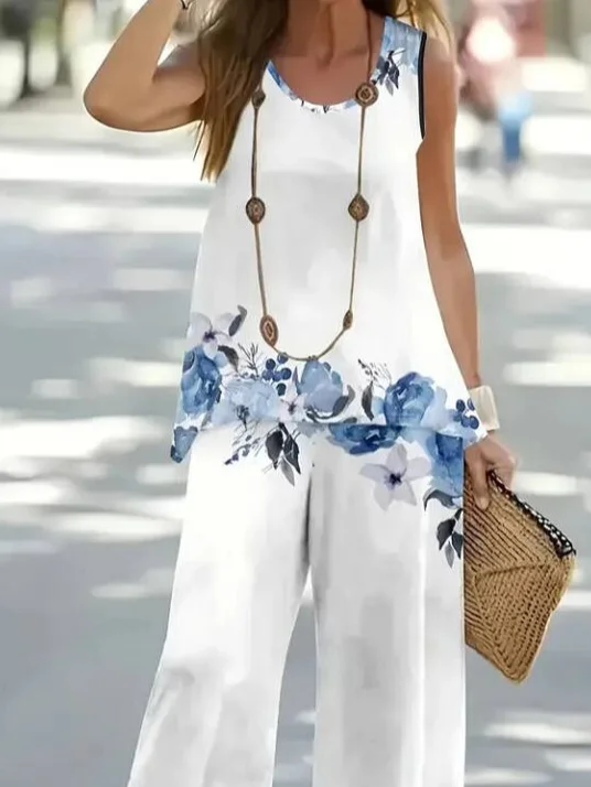 Women Floral Printing Two-Piece Set Daily Sleeveless Casual Summer Multi-Piece Set Matching Set