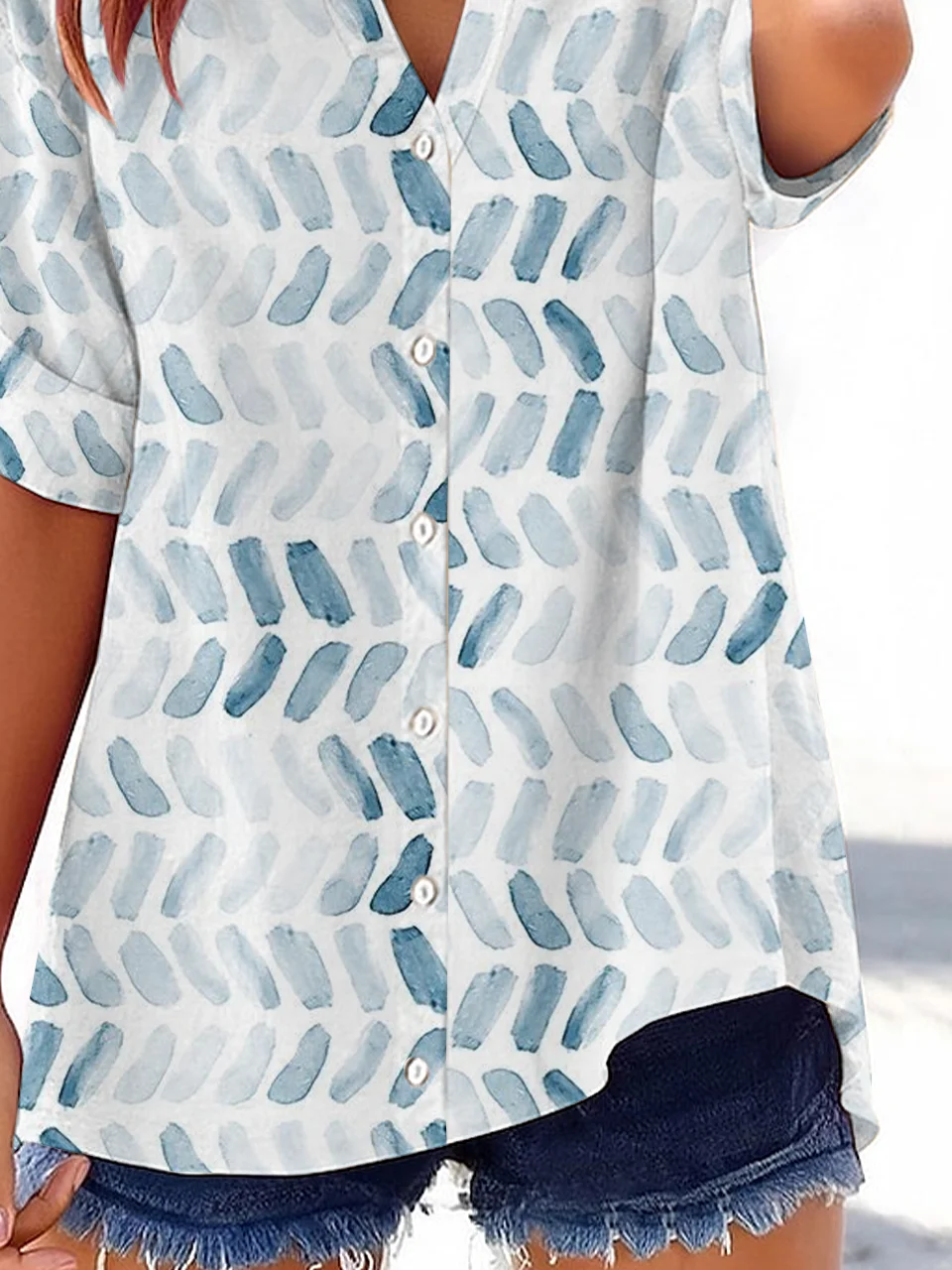Women Geometric Short Sleeve Shirt Summer Printing V Neck Daily Casual Top