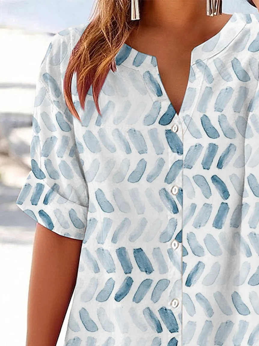 Women Geometric Short Sleeve Shirt Summer Printing V Neck Daily Casual Top