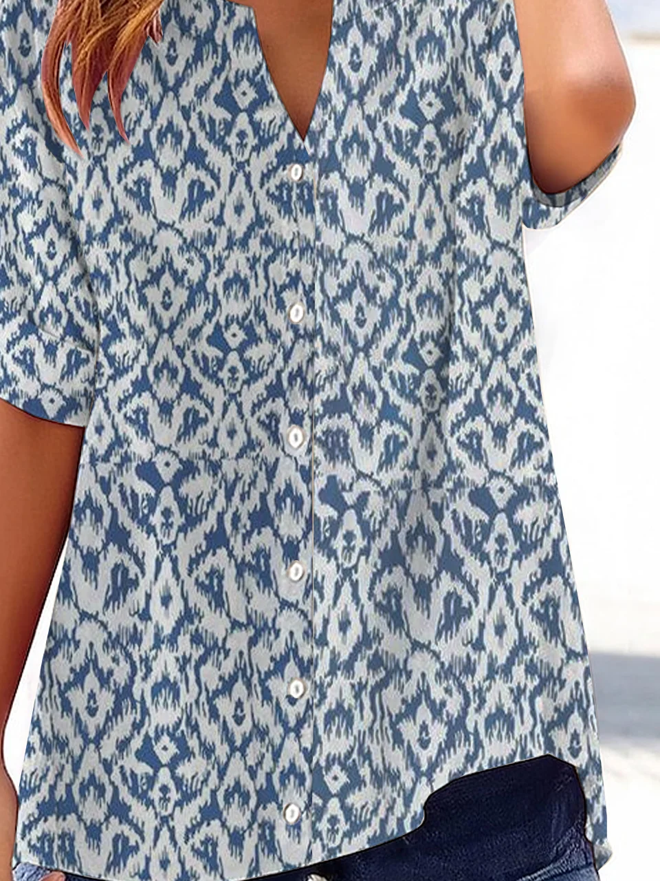 Women Abstract Short Sleeve Shirt Summer Printing V Neck Daily Casual Top