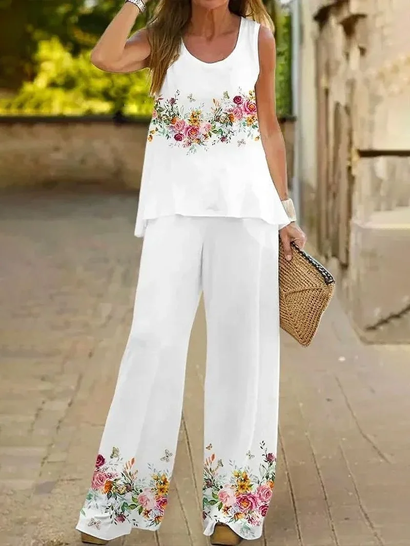 Women Floral Printing Two-Piece Set Daily Sleeveless Casual Summer Multi-Piece Set Matching Set