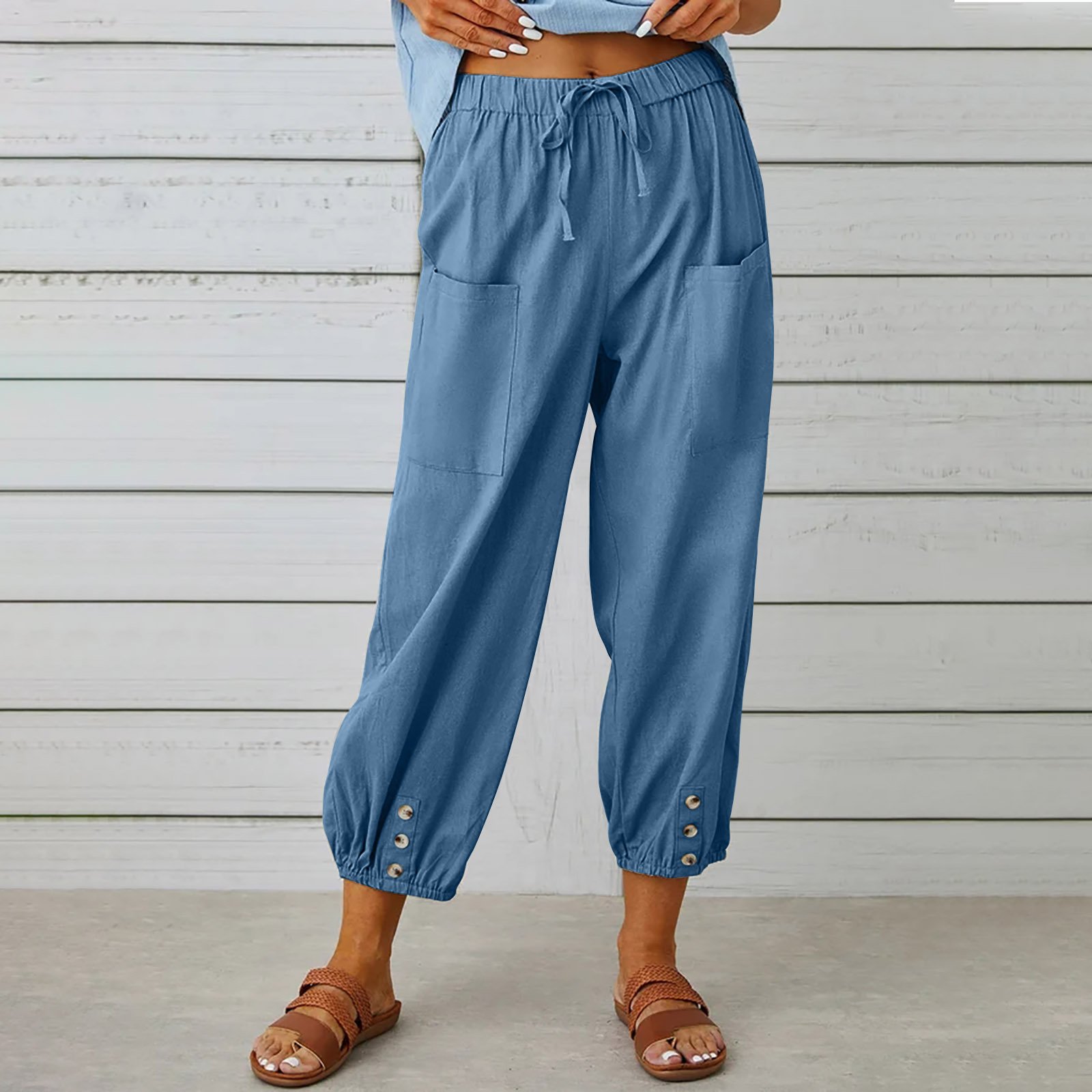Women Plain Ankle Pants Elastic Waist Pants Casual Spring/Fall Trousers