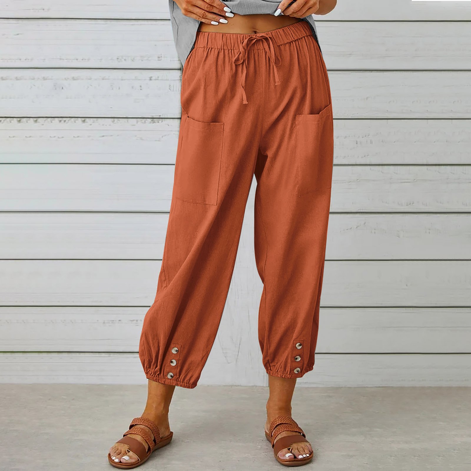 Women Plain Ankle Pants Elastic Waist Pants Casual Spring/Fall Trousers