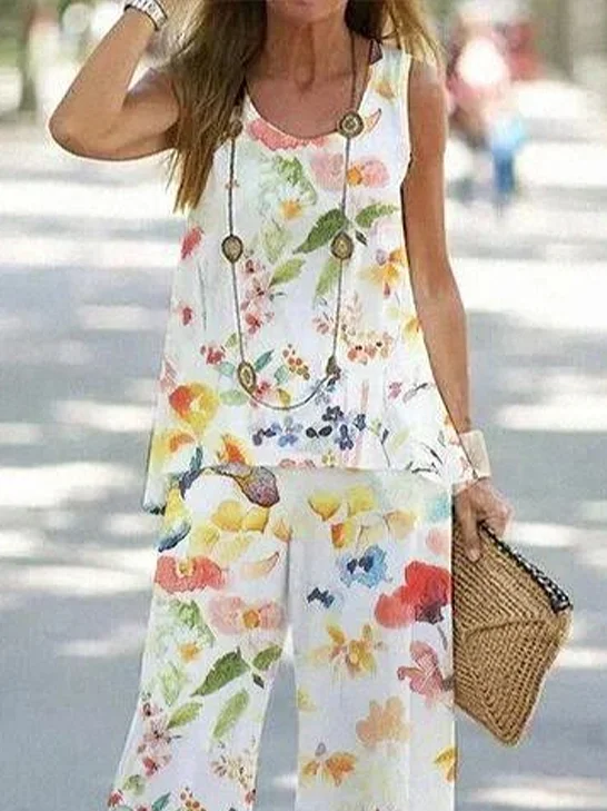 Women Floral Printing Two-Piece Set Daily Sleeveless Casual Summer Multi-Piece Set Matching Set