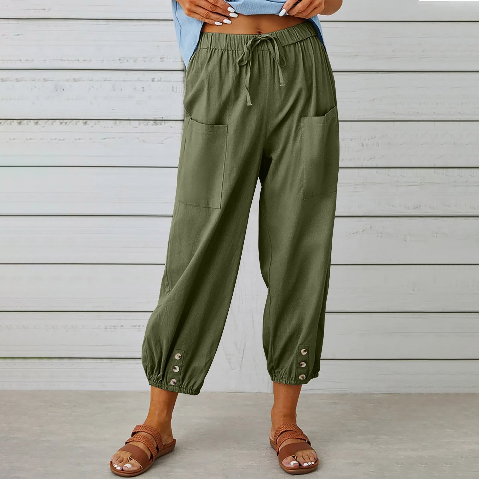 Women Plain Ankle Pants Elastic Waist Pants Casual Spring/Fall Trousers