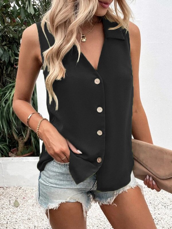Women Sleeveless Tank Top Camisole Summer Plain Buckle Stand Collar Daily Casual Top