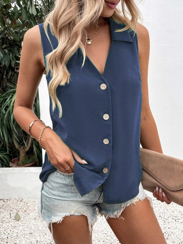 Women Sleeveless Tank Top Camisole Summer Plain Buckle Stand Collar Daily Casual Top