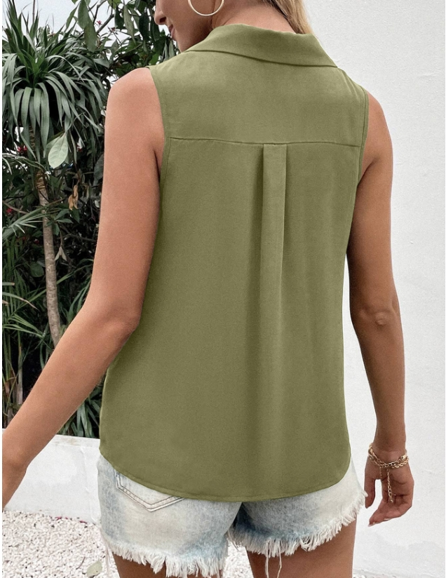Women Sleeveless Tank Top Camisole Summer Plain Buckle Stand Collar Daily Casual Top