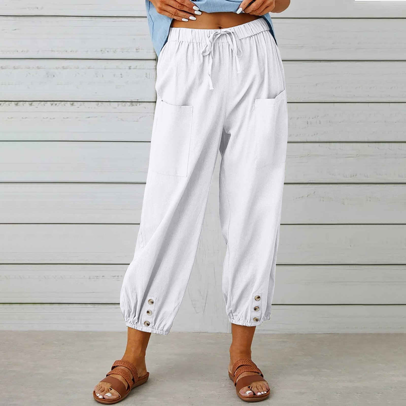 Women Plain Ankle Pants Elastic Waist Pants Casual Spring/Fall Trousers